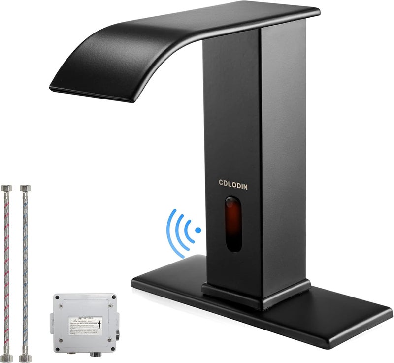 CDLODIN Touchless Bathroom Faucet, Automatic Sensor Waterfall Bathroom Tap, Modern Stainless Matte Black Sink, Hands Free Motion Sensor Lavatory Faucets for Sink 1 Hole - Image 1
